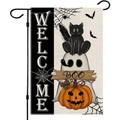 Halloween Welcome Garden Flag with ghost, cat, and pumpkin on black metal stand - Welcome Ghost Black Cat Pumpkin Stack Style (Style 3)