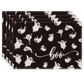 Set of 4 black Halloween placemats featuring cartoon ghosts and white Boo text - Halloween Cartoon Ghost Boo Placemats / Placemat