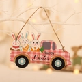 Decorazione pasquale in legno con camion a quadretti rosa e simpatici conigli - Stile Coniglietto Plaid Rosa (P-M127)