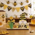 Wooden Bee Day gnome decoration with Bee Happy sign and sunflowers on tabletop - Style B (Bee Happy)
