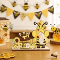 Detail of wooden bee gnome ornament with sunflower and Honey jar on Welcome base - Style A (Welcome/Honey)