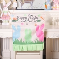 Linen Easter chair cover with Happy Easter bunny prints and green ruffled hem - Three Rabbits Style
