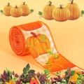 Orange linen ribbon roll with realistic pumpkin patterns and checkered edges for fall gifts - Plaid Pumpkin Style