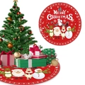 Red Christmas tree skirt with Merry Christmas text and cartoon Santa Claus reindeer patterns - Four Characters (A-SQ82)