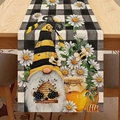 Linen table runner featuring bee gnome and buffalo plaid pattern for harvest decor - Table Flag / Gnome Bee Buffalo Plaid Table Runner