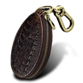 Dark brown leather car key case with crocodile pattern and vintage metal hook - Coffee Color (9095)