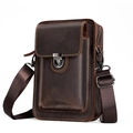 Dark brown crazy horse leather crossbody bag with vintage buckle and adjustable strap - Coffee