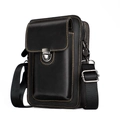 Retro black crazy horse leather belt pouch with vibrant orange stitching and strap - Black