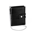 Black genuine leather bifold wallet for men with anti-theft metal chain and snap closure - With Anti-theft Chain / Black