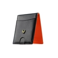 Cartera delgada de cuero negro con interior naranja y logotipo de escudo dorado fino - Naranja