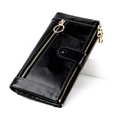 Classic black vintage wax leather long wallet with triple zippers and gold ring pullers - Black