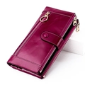 Fuchsia long leather clutch wallet with multiple gold zippers and snap closure - Rose Purple