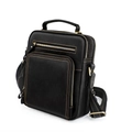 Retro black crazy horse leather messenger bag with top handle and multiple zip pockets - Black