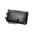 Pochette compatta in pelle nera motivo lychee con doppia cerniera dorata e cinturino - Nero