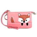 Mini portamonete rosa in pelle con trama litchi, toppa a volpe e anello portachiavi - Rosa