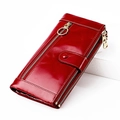 Vintage red oil wax leather long clutch wallet for women with RFID blocking and gold zippers - Burgundy