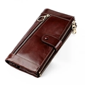 Vintage dark brown oil wax leather long wallet for women with gold zippers - Coffee
