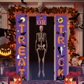 Purple Halloween porch banners with orange Trick or Treat text and festive cartoon elements - Purple Background Yellow Letter Style