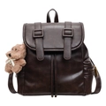 Vintage dunkelbrauner PU-Leder Rucksack mit Schnallenriemen und Plüschbär-Anhänger - Braun