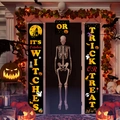Halloween Trick or Treat porch banners set with orange witch and castle motifs on black fabric - Black Background Yellow Letter Style