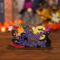 Halloween Holzdeko mit Hexenkatze, Kürbis und Happy Halloween Schild für den Schreibtisch - Schwarze Katze Holzornament