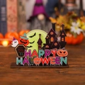 Décoration de table Halloween en bois avec château hanté, citrouille et fantôme - Ornement en Bois Citrouille à Chapeau Vert
