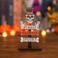 Adorno de mesa de madera para Halloween con calavera y texto BEWARE y SPOOKY - Adorno de Madera de Esqueleto