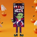 Bannière Halloween avec motif vampire et jambes suspendues sur fond orange festif - Élégant comte vampire