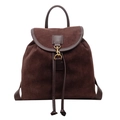 Retro large capacity dark brown suede backpack with leather straps and gold metal hook - Brown
