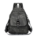 Deep grey PU leather backpack with vintage buckle and geometric woven strap detail - Black
