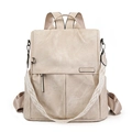 Lightweight beige leather laptop backpack with adjustable straps and front zipper pocket - Khaki