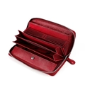 Deep red leather RFID long wallet with accordion card slots and button coin pocket - Burgundy