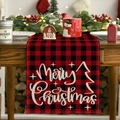 Camino de mesa navideño de cuadros rojos y negros con diseño blanco Merry Christmas - Estilo de Letras Blancas con Cuadros Rojos y Negros / 183*33CM