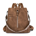 Brown vintage faux leather backpack with jacquard strap for women's daily travel use - Brown