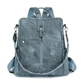 Blue-gray minimalist multi-pocket travel backpack in textured PU leather for women - Blue