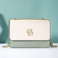 Bolso bandolera de moda verde salvia y beige con cadena dorada y logo metálico - Xkbn01 Blanco Azul