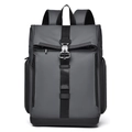 Deep grey waterproof roll-top backpack with industrial metal buckles and mesh straps - Gray