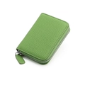 Detailed view of green genuine leather card holder with litchi texture and silver zipper - Fruit Green