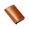 Porte-cartes RFID en cuir litchi marron avec mécanisme pop-up automatique en aluminium - Brun Texturé