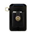 Black leather phone holster belt pouch with vintage star buckle and yellow stitching - Black