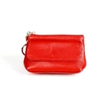 Red lychee grain leather coin purse with golden zipper and front pocket key ring - Red