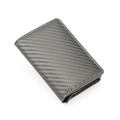 Detail view of carbon fiber texture and stitching on business metal card holder - Carbon Fiber Light Grey