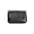 Compact black genuine leather coin purse with gold heart charm and zipper details - Black