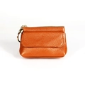 Genuine leather orange-brown mini coin purse with lychee texture and heart pendant - Brown