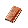 Brown crocodile texture aluminum card holder with RFID blocking and pop-up slide lever - Brown