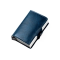 Portafoglio RFID in pelle blu scuro con porta carte pop-up in alluminio argento - Trama Blu Reale Cera Olio