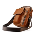 Borsa a tracolla da uomo vintage in vera pelle marrone con tasche multiple con zip - Marrone
