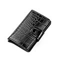 Slim men's black crocodile pattern wallet with automatic aluminum card holder and snap button - Black