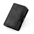 Portefeuille RFID en cuir noir à grain litchi avec double étui en aluminium et bouton - Noir