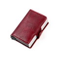 Slim RFID blocking wallet in red litchi leather with automatic pop-up aluminum card holder - Wine Red Crazy Horse Texture